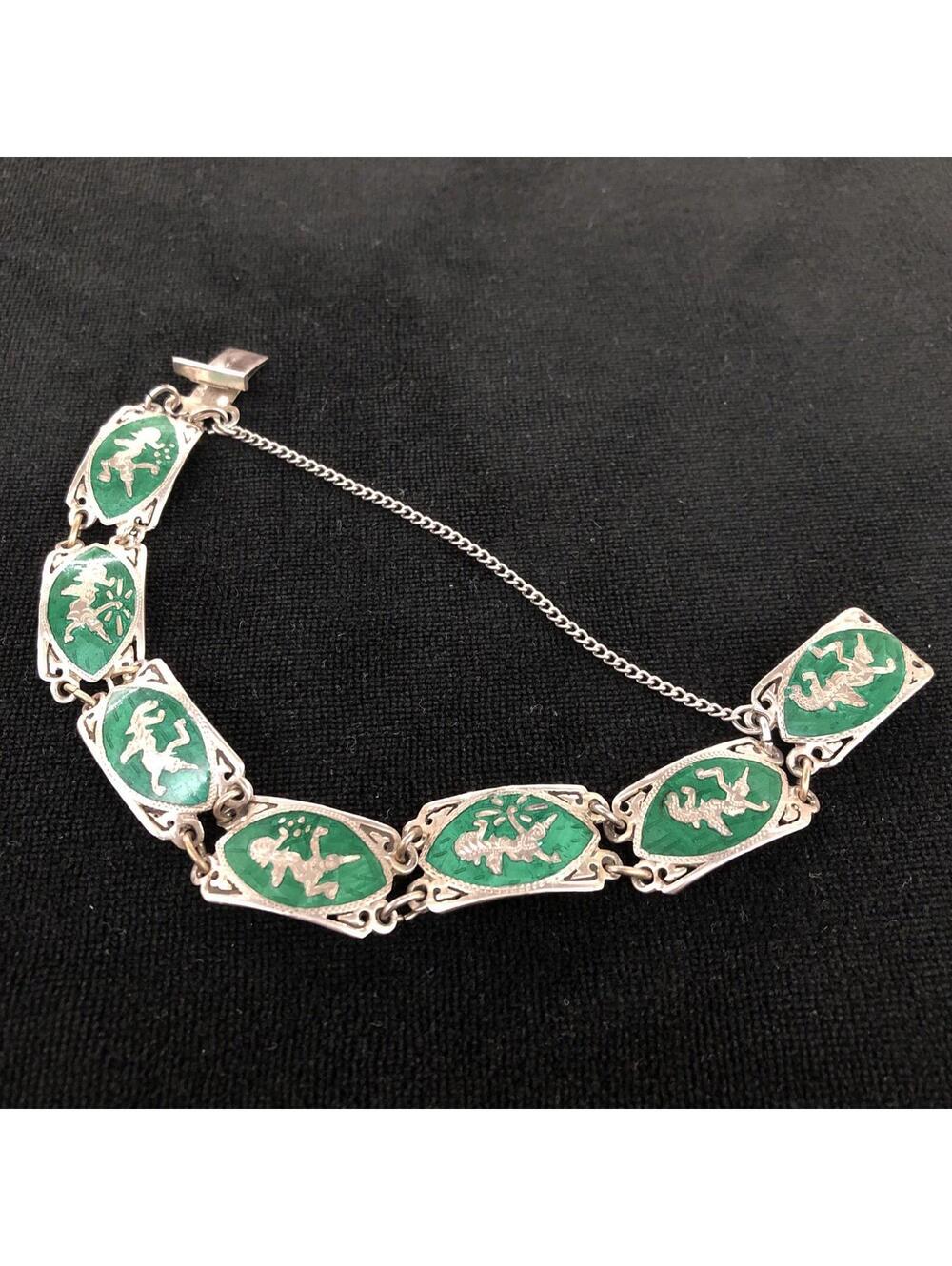 SIAM STERLING NIELLO GREEN ENAMEL GODDESS DANCER THAI
